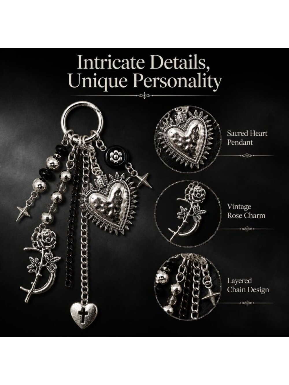 Women's Black Silver Heart Bag Charm Bags Keychain Decorative Purse Handbags, - Picture 4 of 7